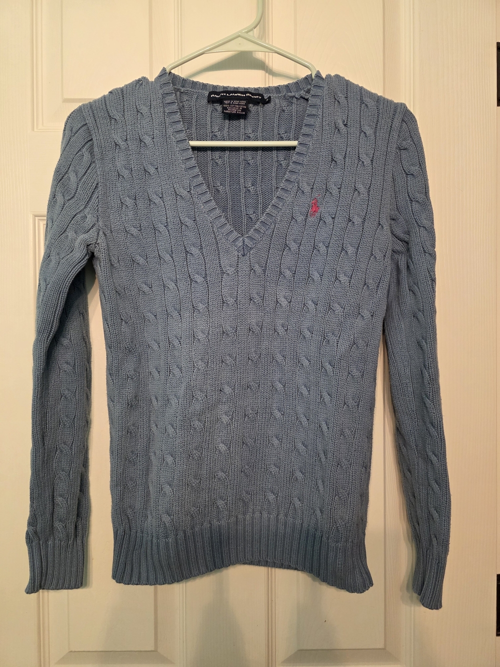Polo by Ralph Lauren Sky Blue Cable-Knit V-Neck Sweater with Pink Pony